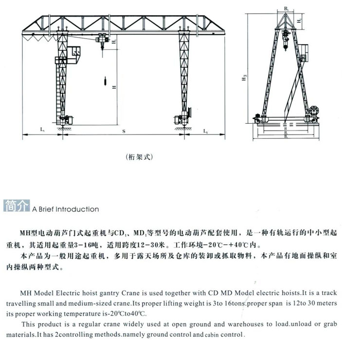 MH型3~20t電動(dòng)葫蘆門式起重機(jī)（桁架式）