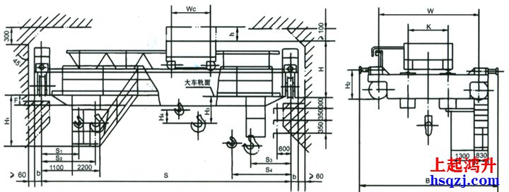 32噸雙梁吊鉤橋式起重機外形結(jié)構(gòu)圖